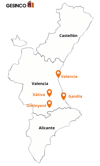 Comunidad Valciana en mapa con Xativa, Gandía y Ontinyent